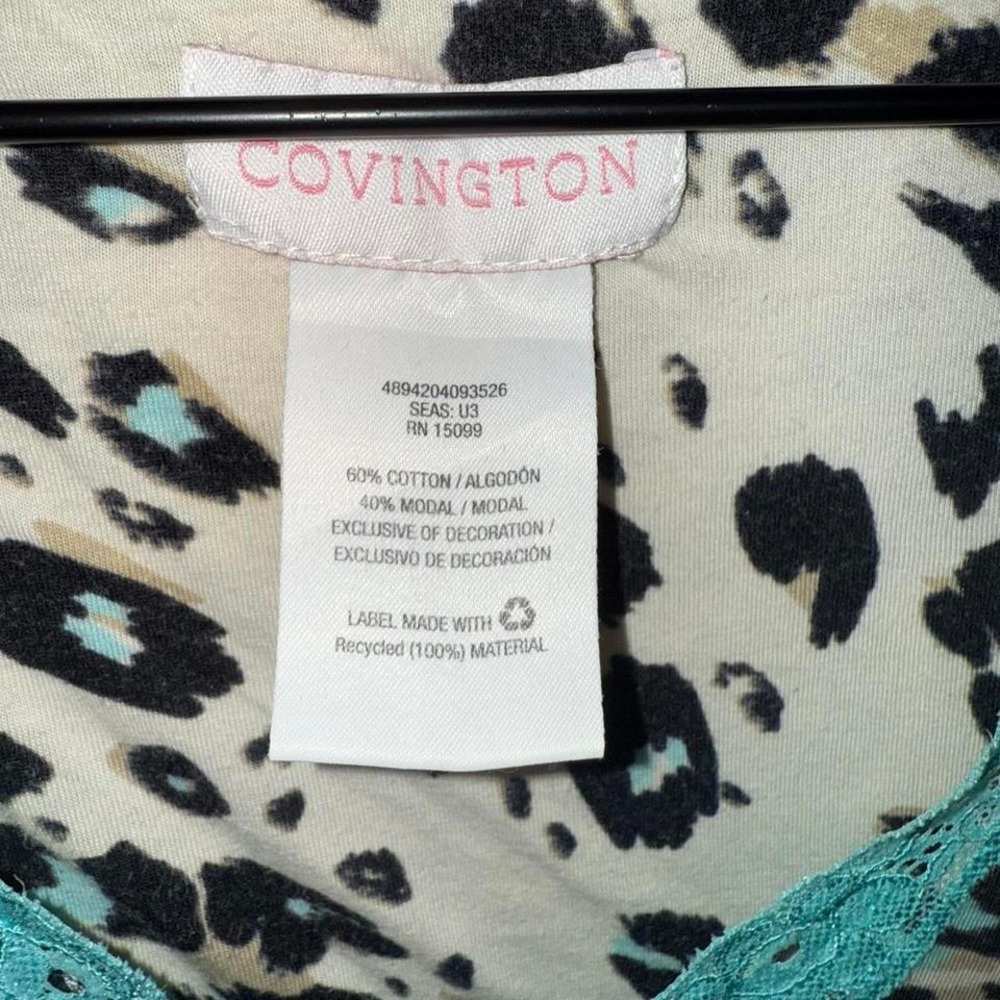 Leopard Print V-Neck Top with Turquoise Lace Accents‎ Cotton & Modal - Picture 4 of 4
